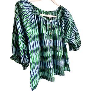 Bhoomki Circle Blouse Isle Block Print Green Blue Cotton Boho Top Large